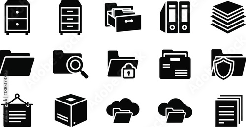 Archiving and document management. Office and storage concepts, including filing cabinets, folders, and documents vector illustration. 