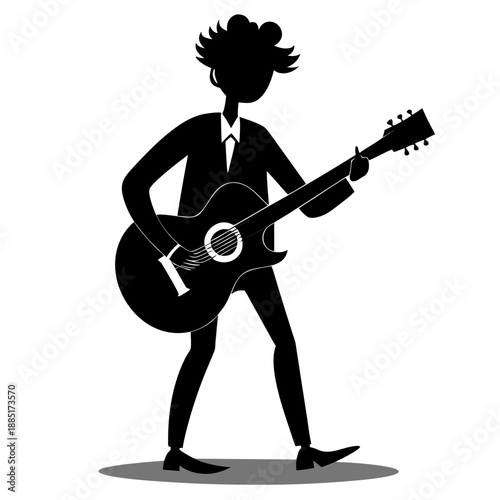 Black silhouette of a street musician standing and playing guitar, embodying artistry and urban culture.