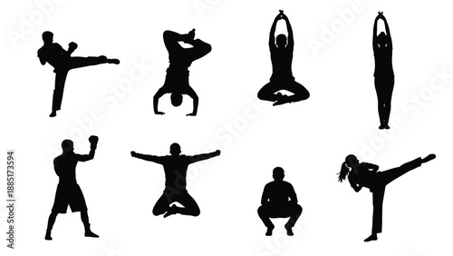 Black silhouettes of people practicing martial arts, karate kicks, boxing, yoga poses, and breakdancing, representing diverse fitness and athletic sports activities