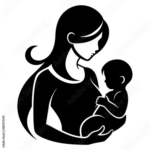 Black silhouette of a mother holding her baby close to her chest, representing love, protection, and maternal bond.