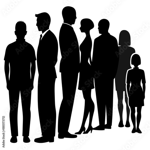 Mysterious black silhouette of people standing and looking forward from behind, evoking anticipation and a shared journey, vector on white.