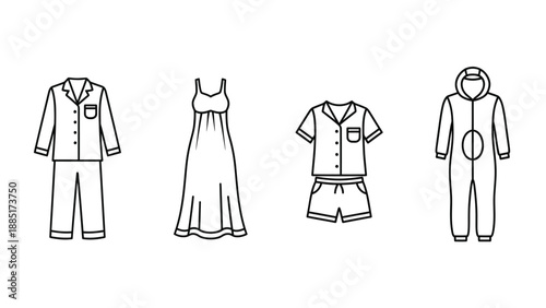 Collection of simple line art icons representing various styles of sleepwear and nightclothes suitable for bedtime relaxation apparel designs
