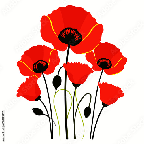 Vibrant red poppy flowers silhouette blooming in bright sunlight, black vector art on white.