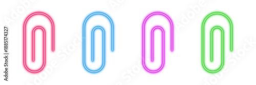 Neon glowing paper clip vector icons set, office supply, attachment, document, interface, stationery, link, vibrant colorful digital design illustration on transparent background.