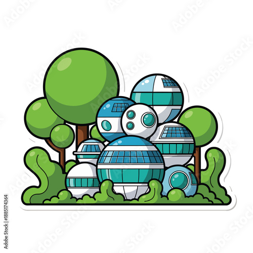 A futuristic village with blue and white domed buildings