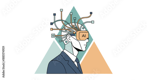 An intricate illustration of a businessman wearing a virtual reality headset with an AI display, connected to a complex network of wires and circuits, symbolizing advanced technology, artificial