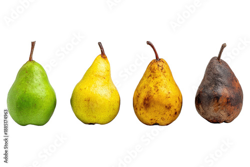 Pear ripening process from unripe green pear to rotten fruit isolated on transparent background