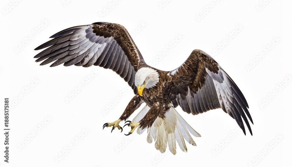 Fototapeta premium Majestic Bald Eagle in Dynamic Flight with Extended Talons on White Background