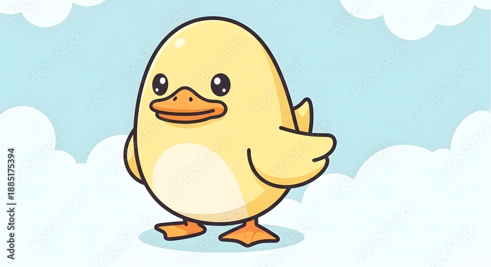 Fototapeta premium A sweet yellow baby duck illustration with big eyes and a friendly smile. This charming duckling character is perfect for farm animal themes, bath time graphics, and Easter designs.