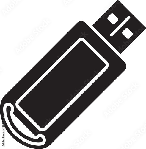 A black USB flash drive illustration is shown from a diagonal viewpoint highlighting its rectangular shape and connector in a minimalist style on a plain white background