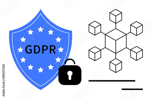 Data privacy, cybersecurity, blockchain technology, digital compliance, data protection, information security. Blue shield with GDPR text, padlock and blockchain network. Data privacy
