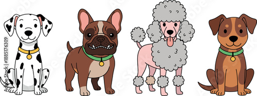 Cute Dog Breed Vector Icon Set Featuring Dalmatian French Bulldog Poodle and Brown Puppy for Pet Shop Veterinary Clinic and Animal Shelter Graphics