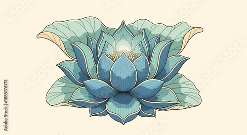 A beautiful blue lotus flower illustration with intricate details and soft pastel background, evoking serenity and tranquility