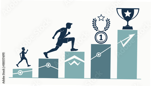 A vector graphic illustration of a man running up a bar chart to reach a trophy and medal, symbolizing success and achievement in business and competition.