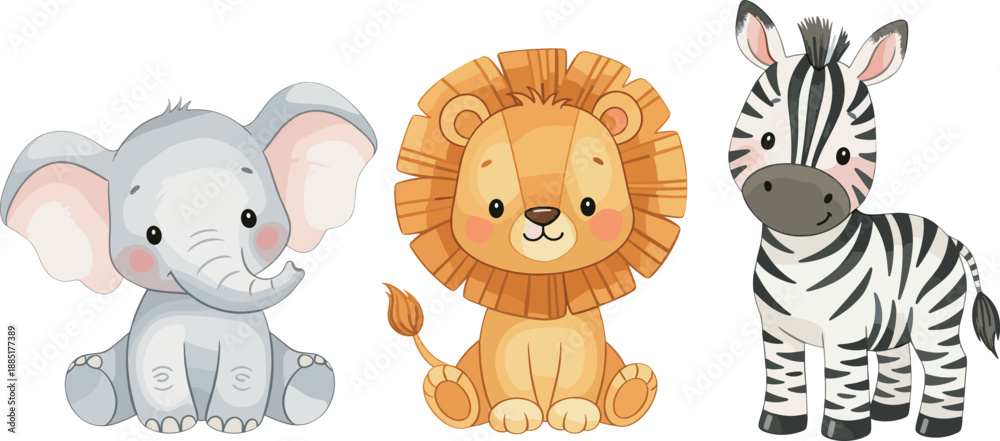 Fototapeta premium Cute Safari Animal Vector Set Featuring Baby Elephant Lion and Zebra Characters for Nursery Wall Art Kids Birthday Invitations and Childrens Educational Illustrations