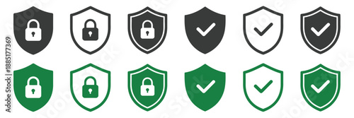 Blue security shield icons with padlocks, check marks, and heart symbols, vector illustrations for cyber security, data protection, privacy, software, and insurance branding design elements.