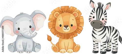 Cute Safari Animal Vector Set Featuring Baby Elephant Lion and Zebra Characters for Nursery Wall Art Kids Birthday Invitations and Childrens Educational Illustrations