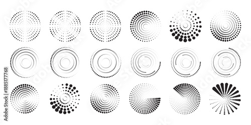Collection of halftone circle elements including round dotted frames circular pattern borders and abstract graphic components for branding posters layouts and modern visual design systems