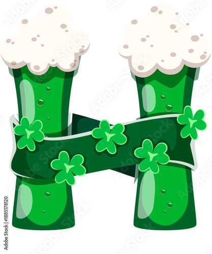St Patricks font typeset green ale letter H. Spring holiday ABC typeset vector sign, March celebration type symbol. Saint Patrick alphabet letter or Irish folk font element with foamy beer glasses