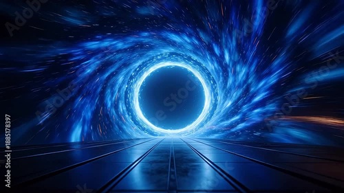 Sci-fi wormhole tunnel with blue spiral light on grid floor
