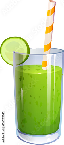 Cartoon healthy green smoothie drink transparent glass. Detox diet green vector smoothie, rich in raw vegetable fiber shake glass. Healthy nutrition herbal drink with cucumber slice and striped straw