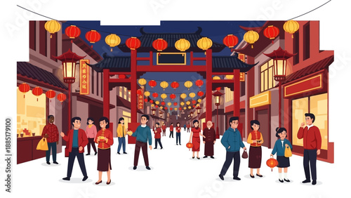 Illustration of people celebrating Chinese New Year in a vibrant street scene with red and yellow lanterns, dragon character decorations, and a lively atmosphere in the United States.