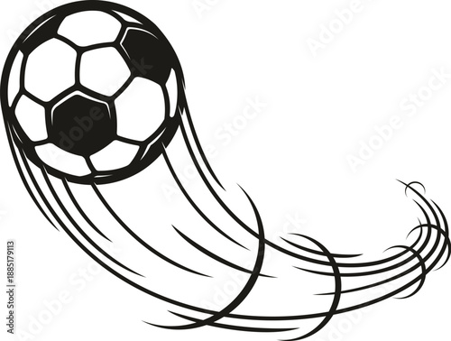 Moving football or soccer ball with motion trail for sport design, vector icon. Football game soccer ball with trails of kick to goal moving with speed in fast movement for championship league or team