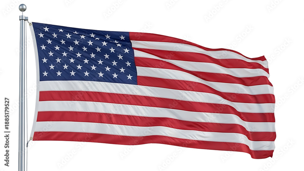 Fototapeta premium American flag waving on a pole isolated on transparent background