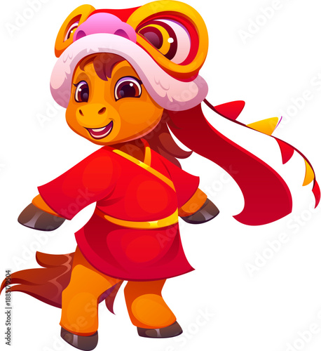 Cartoon Chinese Lunar New Year horse foal character in traditional red festive costume with dragon lion hat. Cute zodiac CNY animal personage smiling. Vector holiday horoscope symbol for 2026 and 2038