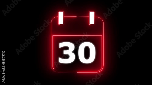 Glowing neon calendar date 30 symbol for deadline and planning. neon calendar icon deadline date animation. Neon line calendar icon animation for date reminder and schedule.
