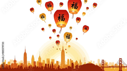 Illustration of a city skyline with Chinese New Year lanterns and a dragon character floating above, against a red and orange sunset background with a joyful mood.