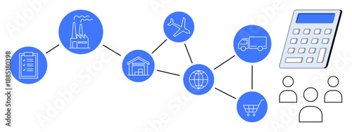 Supply chain management, logistics, business operations, transportation, manufacturing, inventory tracking. Blue icons showing a factory, airplane calculator and connected dots. Supply chain