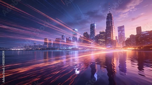 Modern futuristic city night with colorful light trails and water reflection
