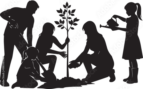 Family planting new tree together in garden silhouette illustration promoting environmental care vector