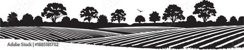 Rolling agricultural fields and trees landscape vector silhouette illustration panorama