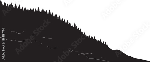 Vector silhouette illustration of pine trees on hillside with line art detail