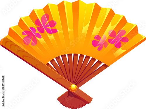 Chinese Lunar New Year holiday icon of folding fan, cartoon vector game asset. Chinese culture traditional handheld fan with Asian flowers ornament for New Year symbol and oriental game GUI element