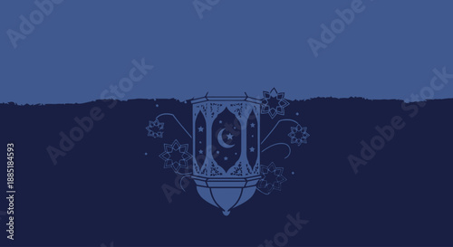 Islamic ornate lantern with crescent moon symbol on dark blue background.