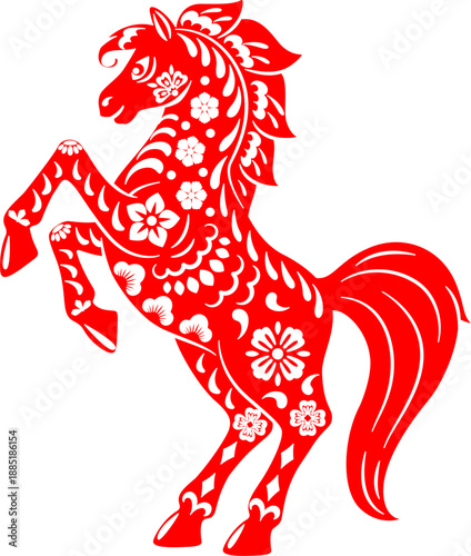 Papercut Chinese Lunar New Year red horse animal with flowers pattern, Asian CNY horoscope symbol. Vector mare or stallion silhouette in dynamic posture, festive zodiac symbol of 2026 Asia New Year