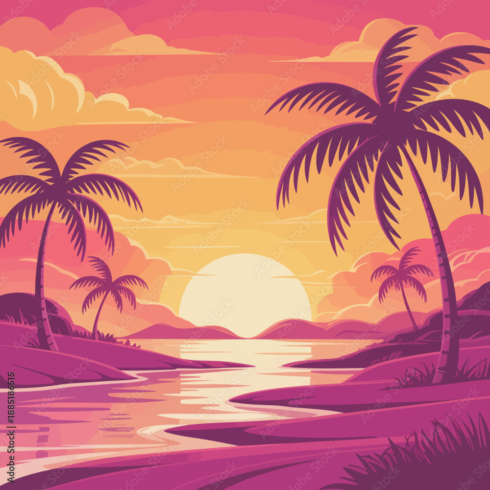 Fototapeta premium Vibrant tropical sunset with palm trees.