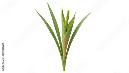 Fresh Green Aquatic Plant with Spiky Inflorescence Isolated on White Background