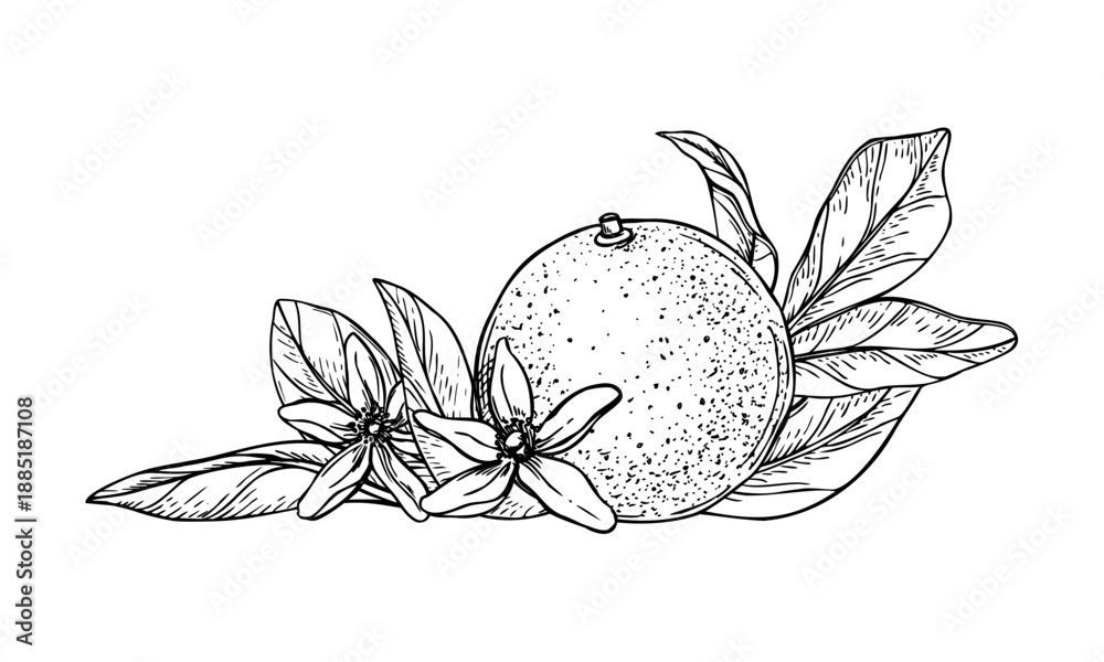 Fototapeta premium Citrus fruit with flower and leaves vector isolated illustration painted by black inks. Sweet tropical orange line art black ink sketch. For mulled wine decor, recipes, poster