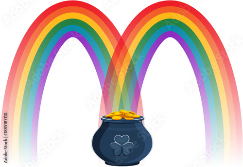 St Patricks font typeset rainbow pot of gold letter M. Spring holiday alphabet vector symbol, Irish Saint Patricks day font sign or ABC letter with rainbow arch over leprechaun cauldron with coins