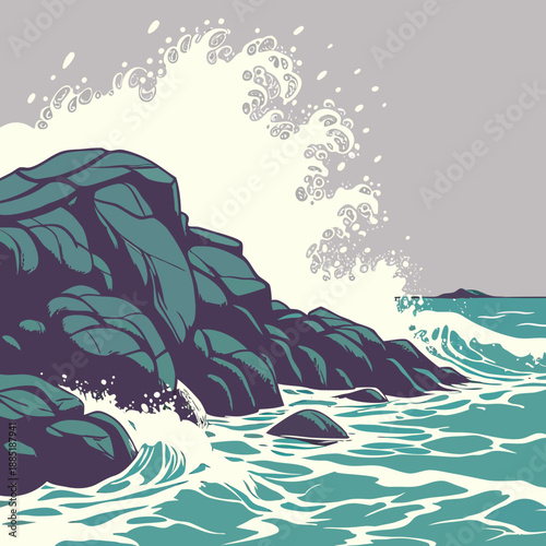 Coastal Rocks and Water Splash Bold Vector Forms