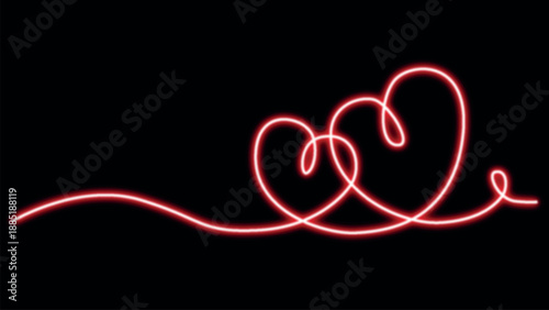  Neon Light Heart Line isolated Black Background..Hand drawn line art of two hearts, isolated on a transparent background. Editable stroke. Continuous one line drawing. Best for Valentines day, romant