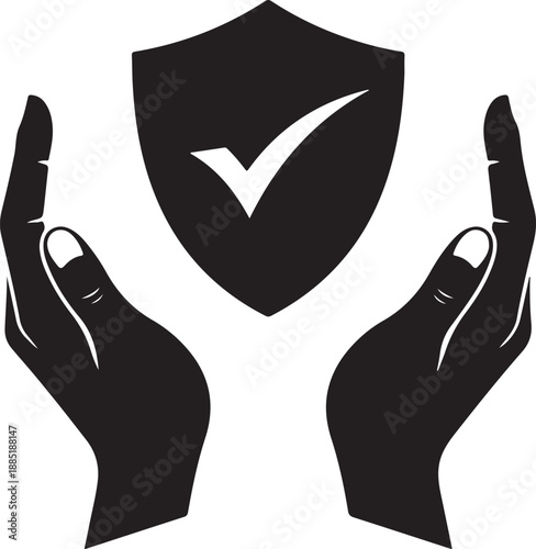 Protective hands cradling a shield emblem with a checkmark symbolizing safety and approval in a simple graphic illustration from a straightforward frontal viewpoint
