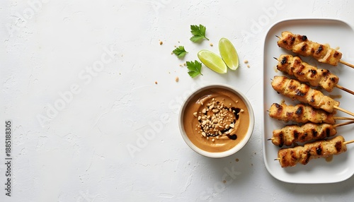 Grilled Chicken Satay Skewers with Peanut Dipping Sauce on a White Background.