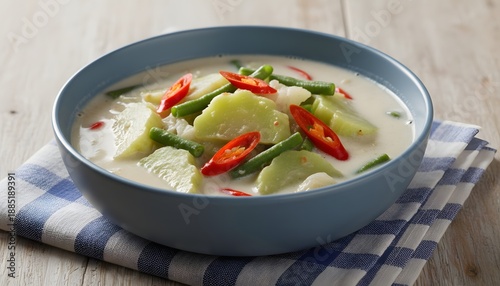 Sayur Lodeh Indonesian vegetable curry in a blue bowl.