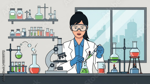 Female scientist conducting experiment in laboratory with equipment and chemicals flat design illustration for science and research concepts