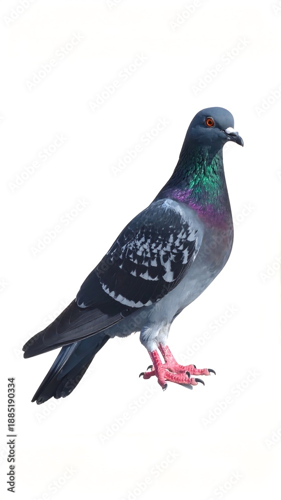 Fototapeta premium Digitally enhanced photo of a single pigeon on a white background, in full profile